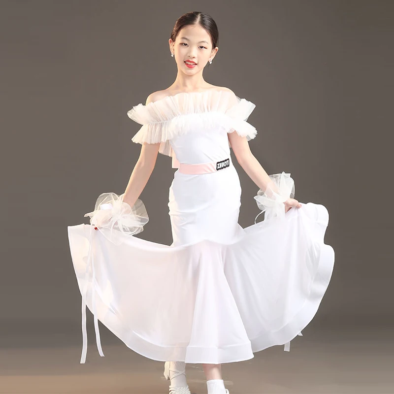 

Ballroom Dancing Dress For Girls Tango Waltz Dance Stage Performance Costume White Off-Shoulder Standard Dancing Clothes VDB8042