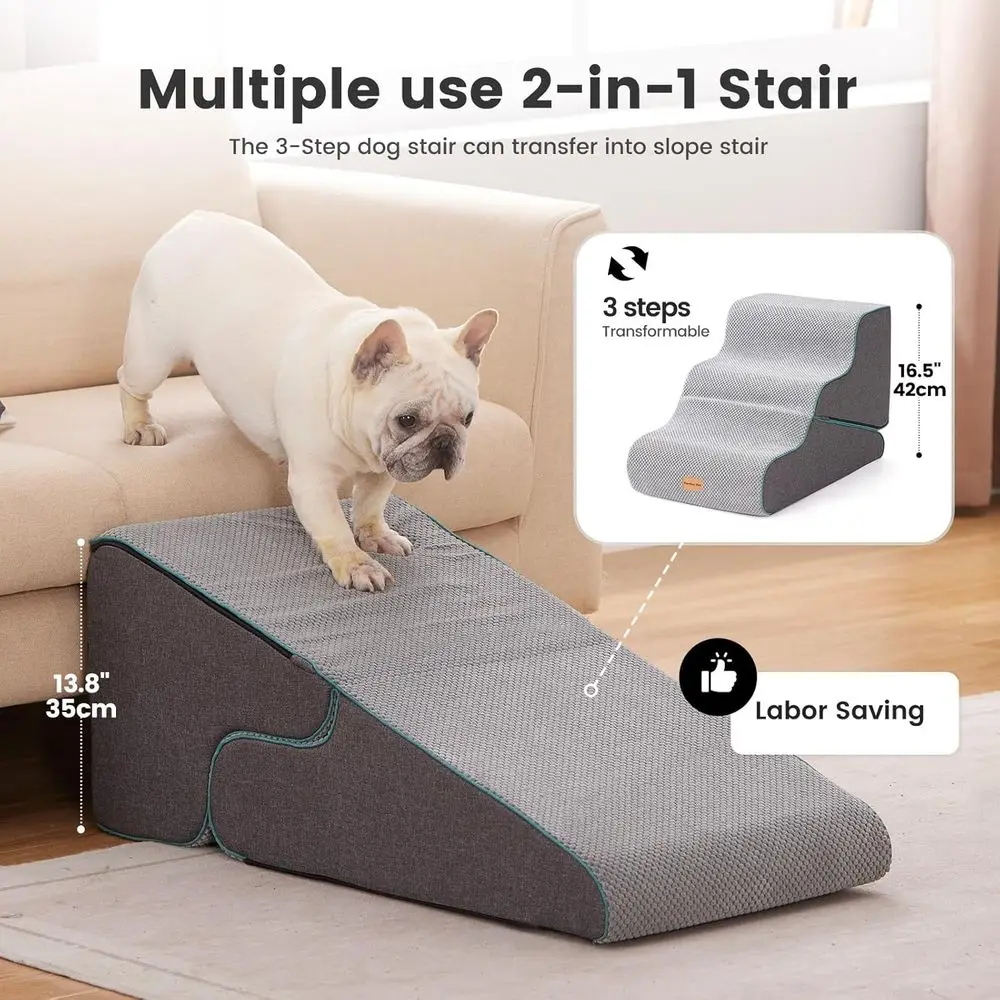 2 in 1 Transformable 3-Step Pet Stairs and Platform, Dog Steps or Couch (13-20 in) with Durable Non-Slip Waterproof Cover and Ce