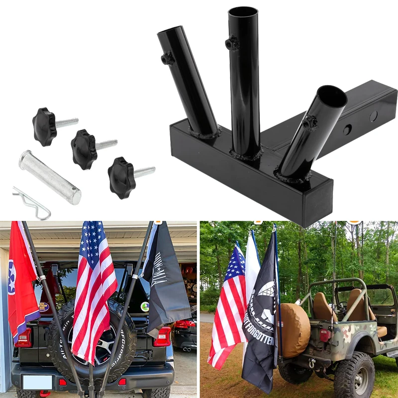 

Upgrade Hitch Mount Universal 3 Flag Pole Holder Heavy Duty Flagpole Holder Truck Trunk Bracket for 2" Trailer Interface