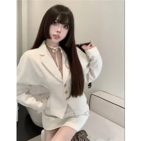 Women\'s Winter French Short Blazer Coats Half Skirt Set Retro Casual Solid Color Waist Closing Suit Half Skirt Two-piece Sets