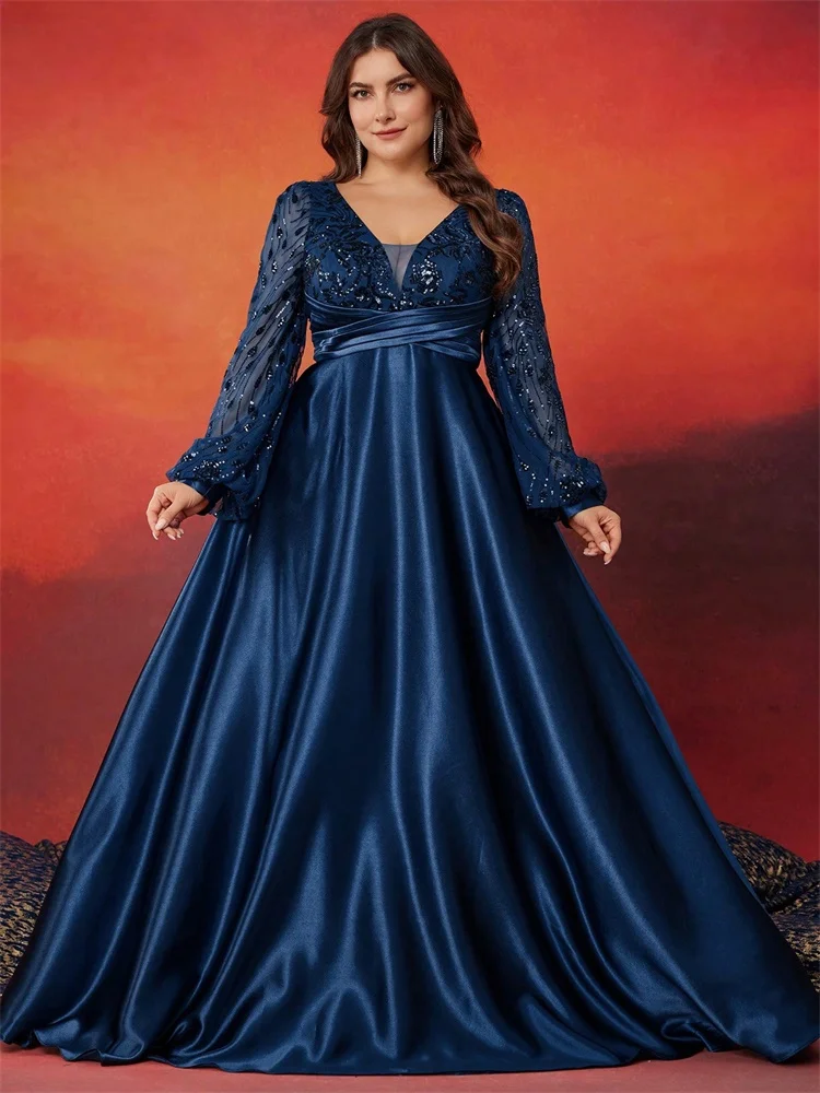 

Lucyinlove Plus Size Elegant V-neck Satin Blue Evening Dresses Luxury Women Long sleeve Sequins Party Floor Lenght Cocktail Gown