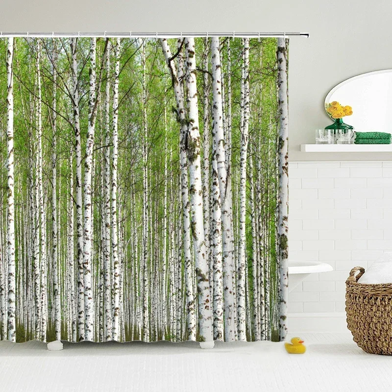 Birch Trees Forest landscape Shower Curtain Waterproof Fabric Bathroom Curtains Natural Scenery Bath Screen with 12 Hooks