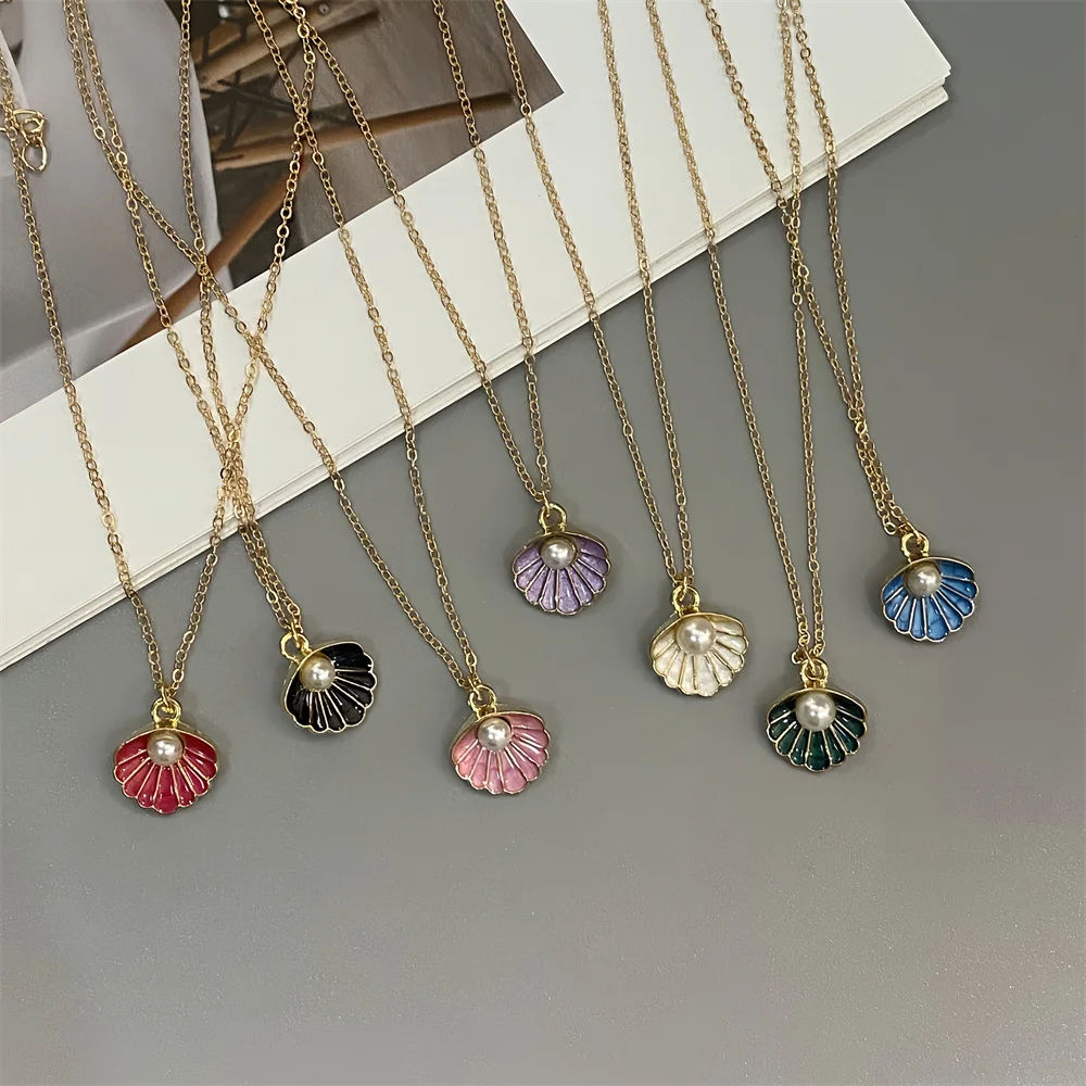 Colorful Shell Pendant Necklace Imitation Pearl Fashion Women Neck Jewelry Golden Color Link Chain Jewelry