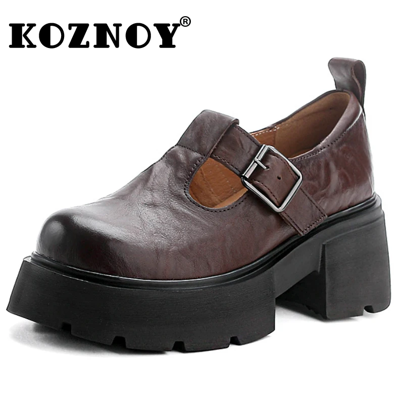 

Koznoy 6cm Hook Cow Genuine Leather Platform Wedge Summer Ankle Booties Round Toe Summer Sandals Women Fashion Mary Jane Shoes