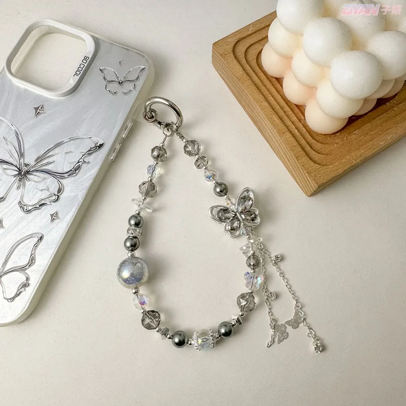 Elegant Pearl Alloy Butterfly Phone Lanyard Luxury Crystal Keychain Bag Charm Fashion Multi-Functional Key Holder Accessory