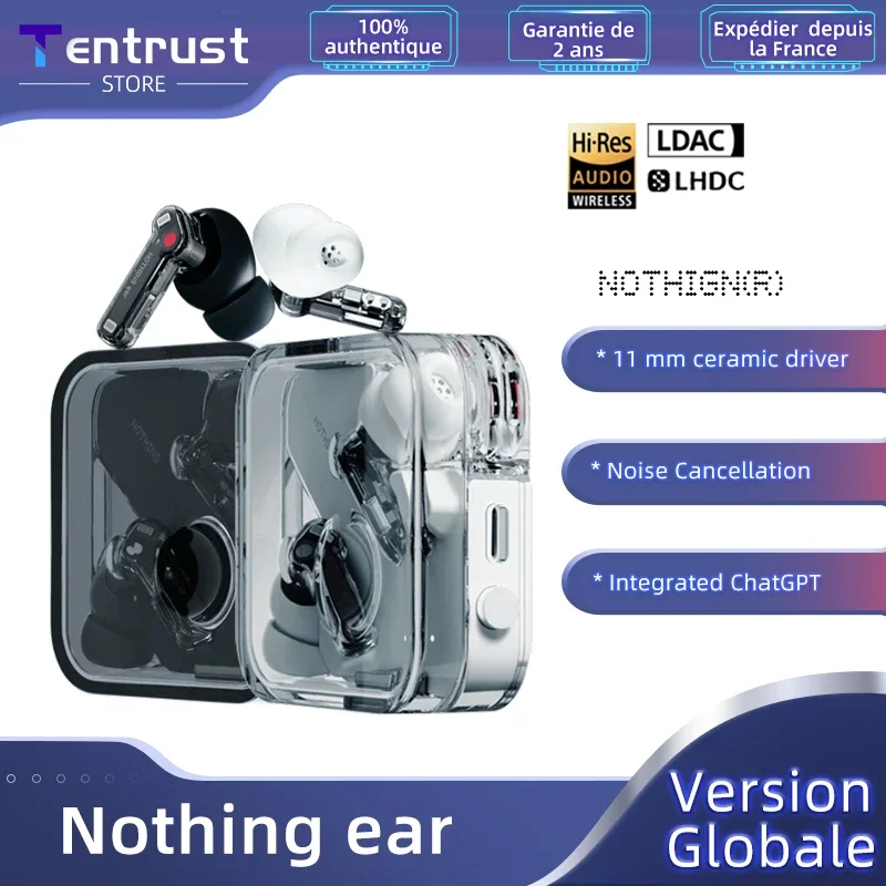 Nothing Ear – écouteurs Bluetooth sans fil, 45db, suppression Active du bruit, pilote ANC 11mm, Audio haute résolution 24 bits avec LDAC et LHDC