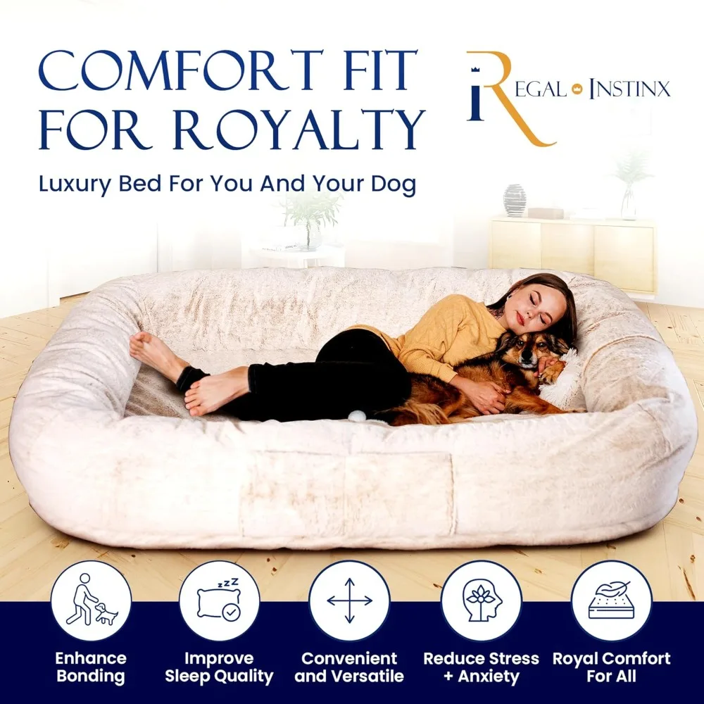 Human Sized Dog Bed 72x48x12 - Nonslip Fluffy Cloud Bed with Washable Faux, Blanket & Waterproof Lining - Large Human Dog Bed