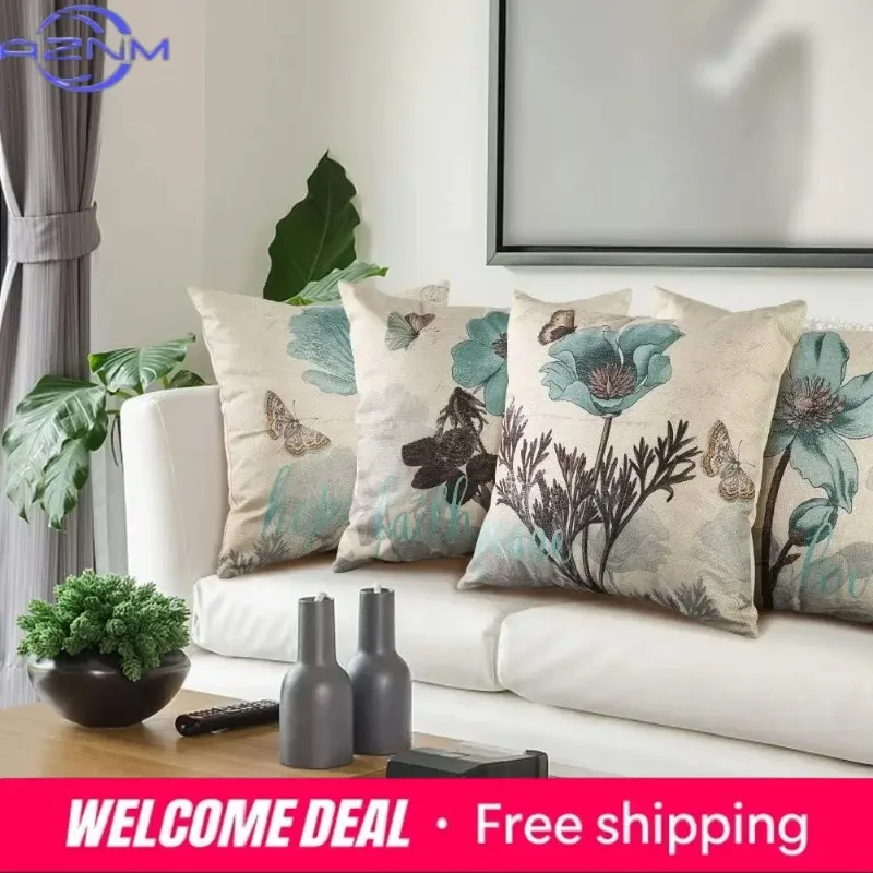 Home Decor Floral Motifs with Words: Love, Hope, Faith, Peace Pattern Cushion Cover Suitable for Sofa Bedroom Car Pillow Cover
