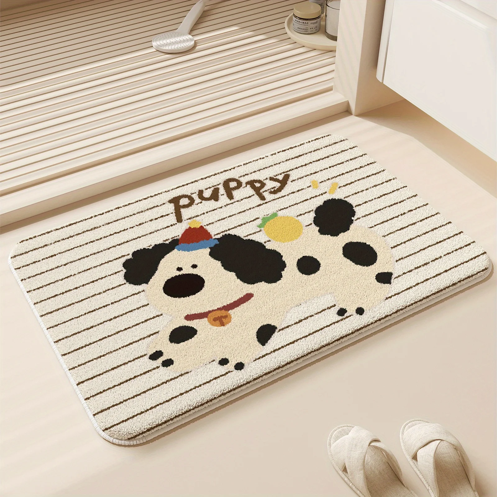 Cartoon Spotted Dog Entrance Doormat  Lovely Puppy with Hat Striped Background Graphic Rug Simple Pet Style Decor Mat for  Space