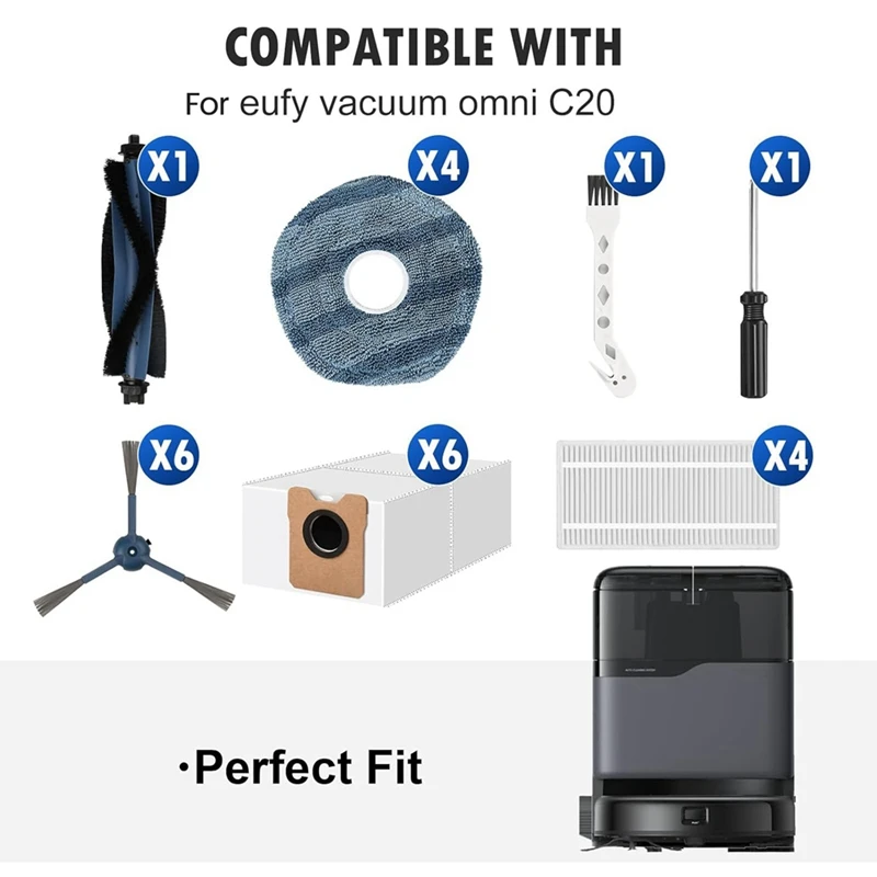 JDZD для Eufy Vacuum Omni C20, запасные части, основная боковая щетка, мешки для пыли, подушечки для швабры, фильтры Hepa, комплект аксессуаров