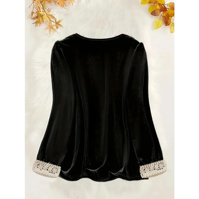 Plus Size New Women Fashionable Contrast Lace Round Neck Blouse Shirt Ladies Casual Solid Color Long Sleeved Shirt