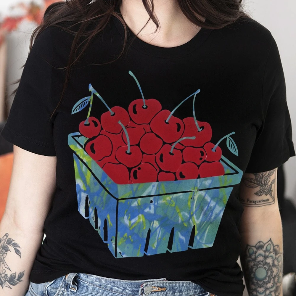 

Graphic T-shirt Cherry Basket T-shirt Premium Cotton High Quality Oversize Colorful T-shirt Red Cherries Print Fresh Y2K Style