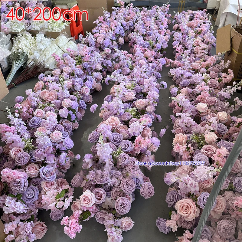 Custom New 2M Artificial Flower purple Rose Delphinium Floral Row Wedding Arch Background Wall Decor Hotel Home Event Table Runn