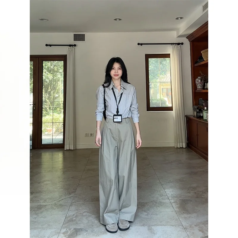 

Женский осенний модный комплект Co99: шерстяные брюки в полоску прямого кроя с эффектом похудения и хлопковая ткань для взрослых женщин