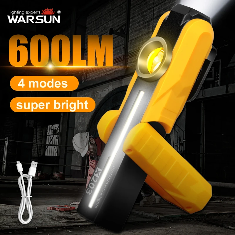 WARSUN X203 Portable Work Light, 800Lm LED Rechargeable Flashlight, 360° Rotating Magnetic Base, for Workshop, Garage, Emergency