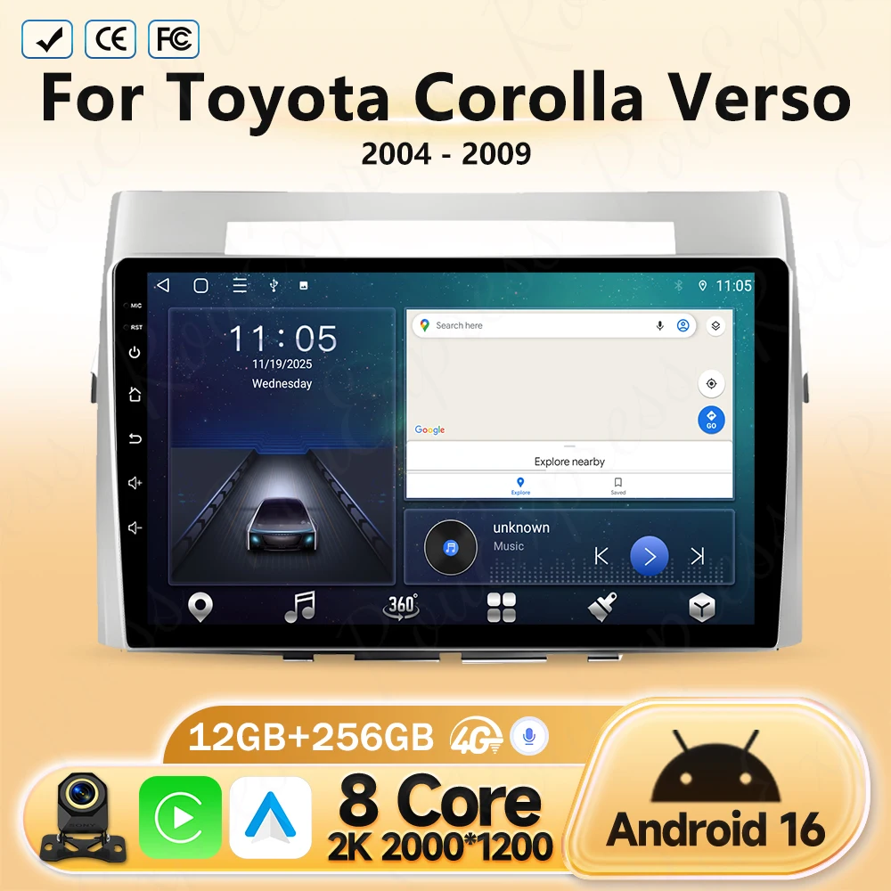 

Автомагнитола Carplay, мультимедийный видеоплеер, экран для автомобиля Toyota Corolla Verso 2004-2009, 8-ядерный Android, 16 FM, 4G, GPS, BT