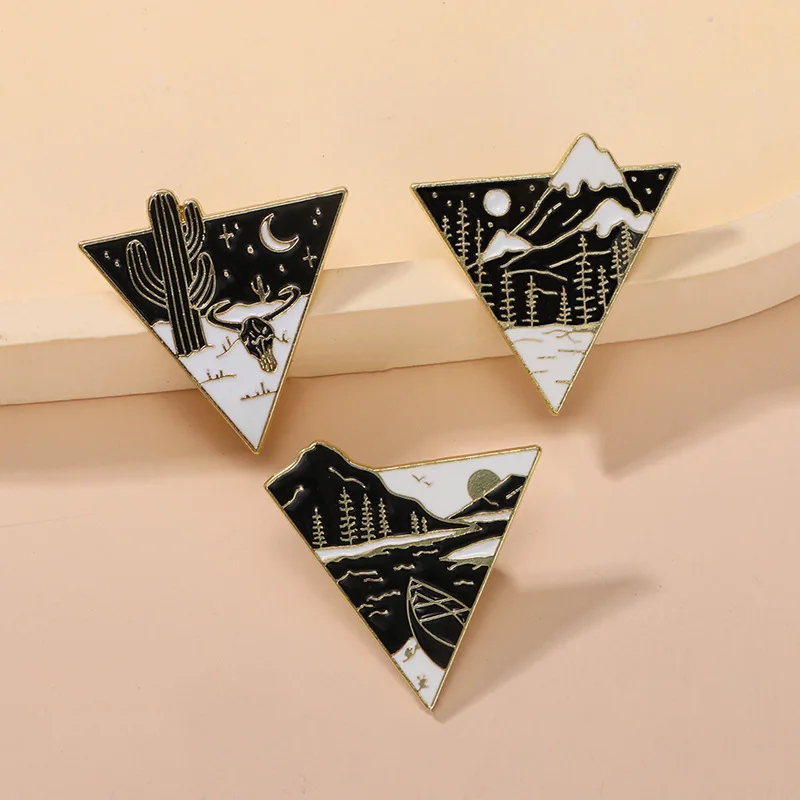 Creative Dark Mountain Tree River Design Brooch Natural Landscape Series Triangle Enamel Alloy Badge Pin For DIY Clothes Bag Hat