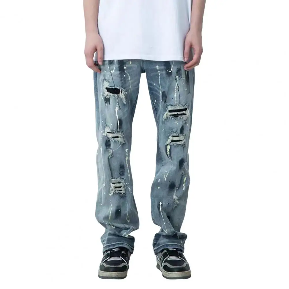 

Plus Size Summer Men Jeans Ripped Broken Holes Hip Hop Washed Ink Splash Washed Jeans Denim Pants Streetwear