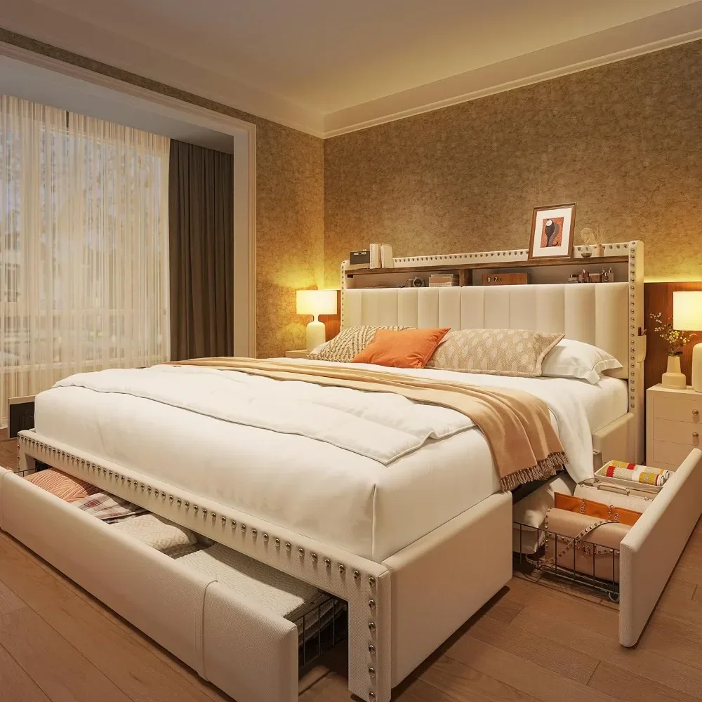 

Queen Size Bed Frame With 2 Drawers, Queens Beds Frame With Storage, NO Noise, No Box Spring Needed, Queen Size Bed Frame