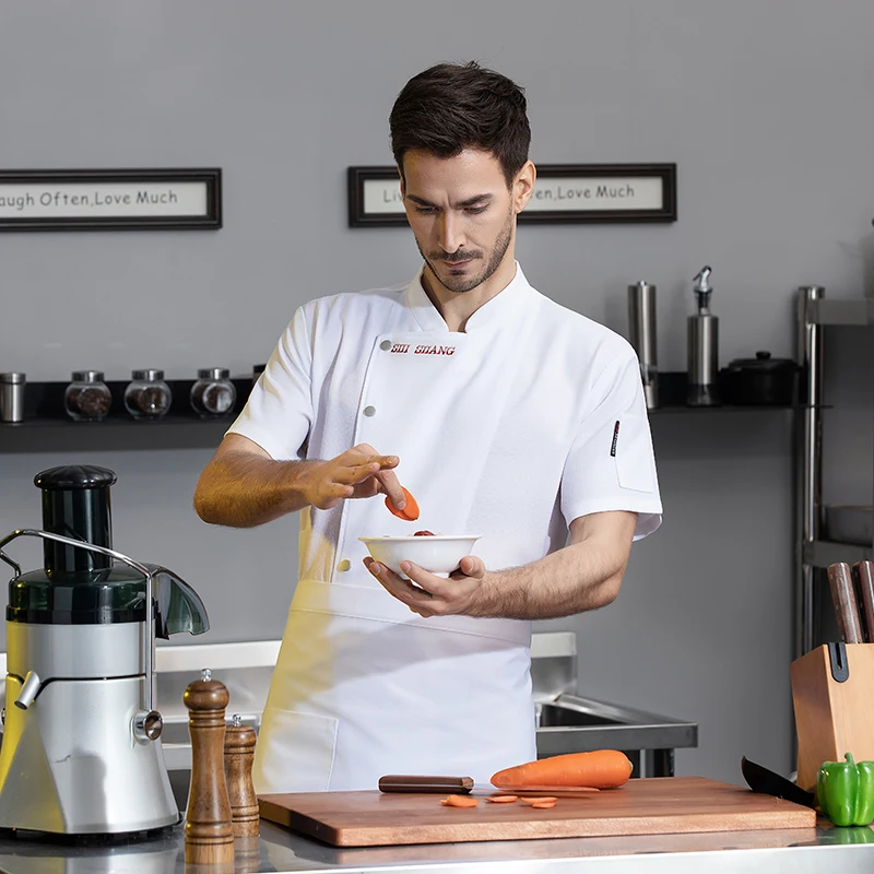 Chemise de cuisine à manches courtes, vêtements attribuables, uniforme de service alimentaire, veste de chef en lin, salopette de cuisine de restaurant