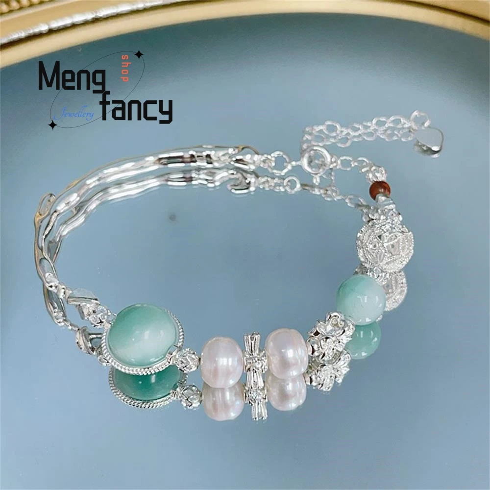 

Light Luxury Green Stone Female Fashion Niche Pearl Amethyst Bracelet Electroplated Thick Silver High Color Fashion Fine Jewelry