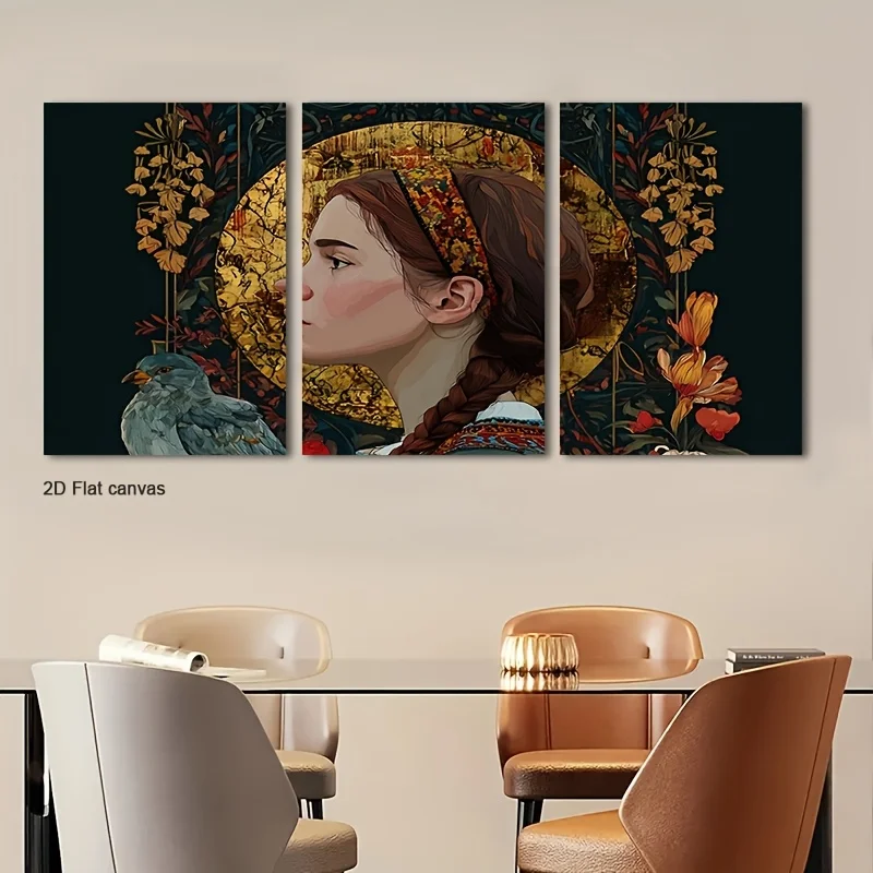 Frameless canvas [2D Flat] 3pcs Braid & Bird In Gilded Frame Canvas Wall Art | Suitable For Room, Office, Home, Wall Art, Bat