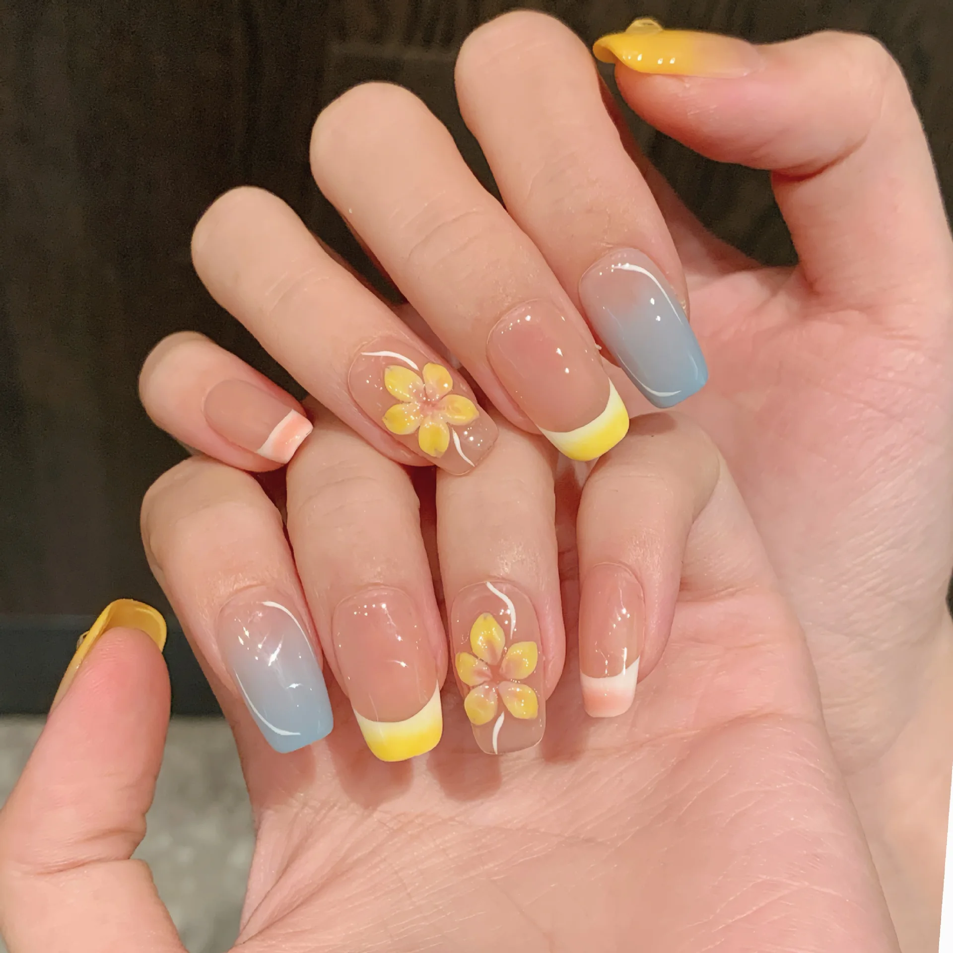 10pcs Fun Summer Handmade False Nails Macaron Color Series Relief Flower Decor Press On Nails Dopamine French Style Fake Nail