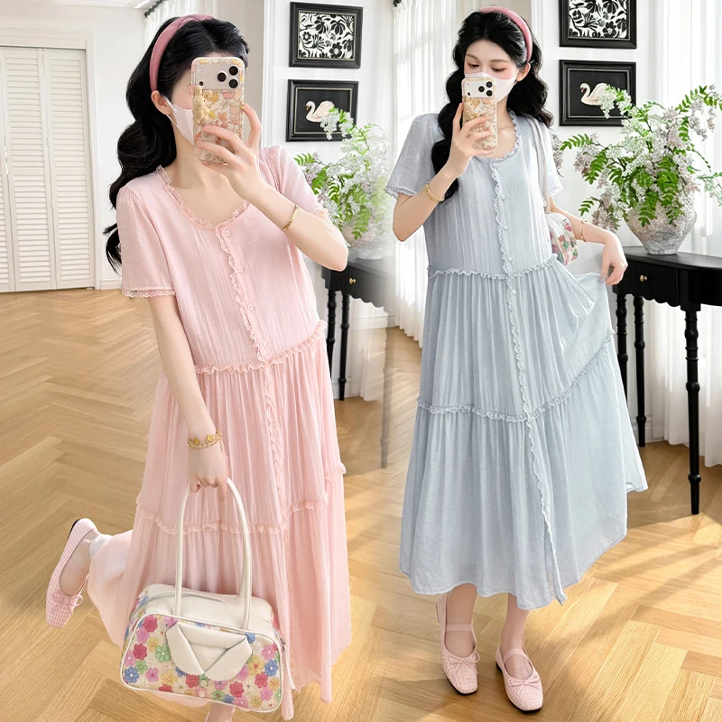Fashion maternity ball gown dress pregnancy long loose dress summer plus size pregnant woman clothes sweet lace patchwork o-neck