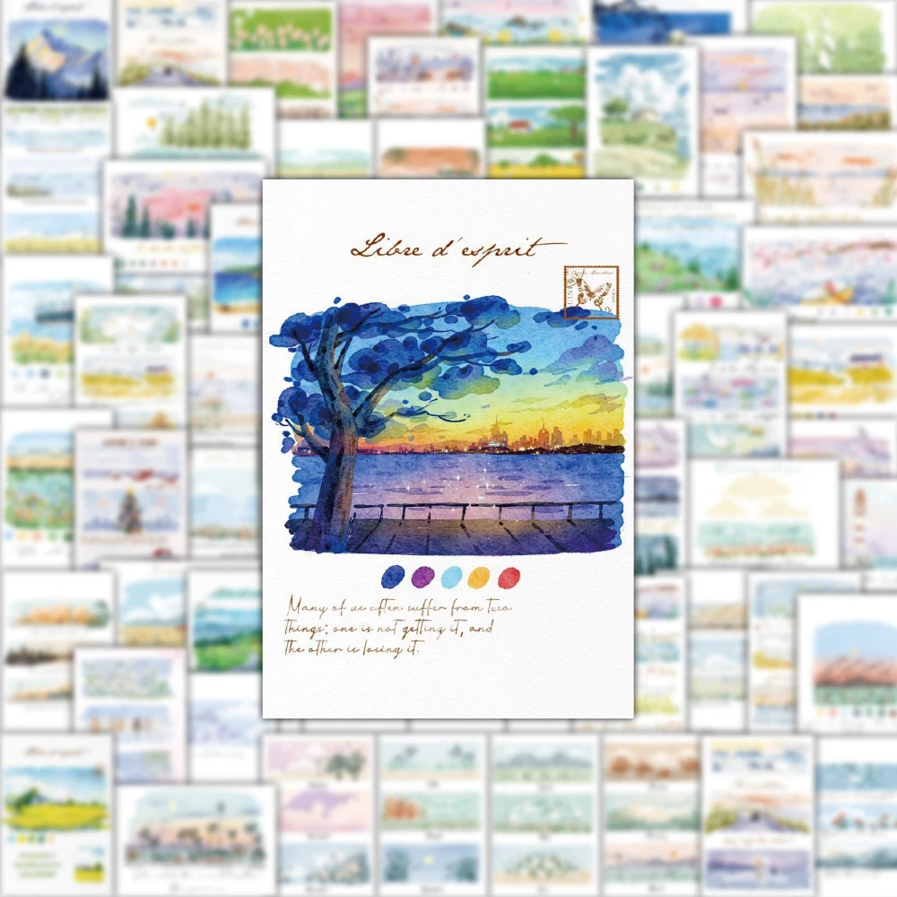 64PCS Hand Drawn Graffiti Beautiful Warm Natural Scenery Art Sticker High Aesthetic Value Creative Collection Decoration
