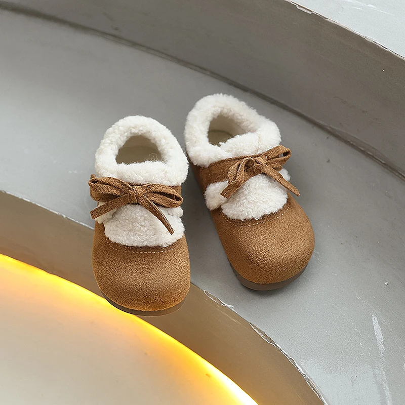 

2025 Winter Children's Classic Plush Shoes Fashion Soft Bottom Girls Causal Cotton Shoes Outdoor Trend Warm Kids Bowknot Shoes