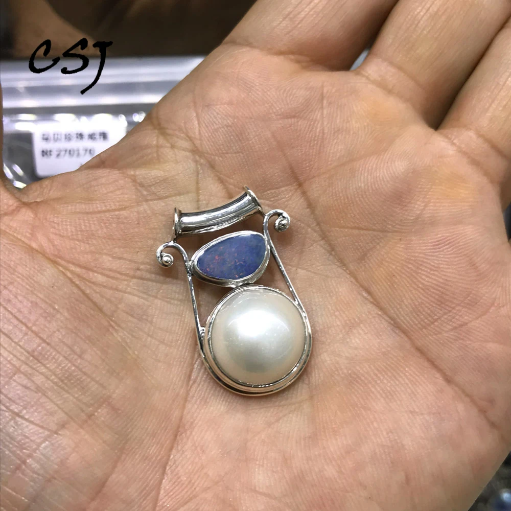 

CSJ Natural Australia Opal Pendants Sterling 925 Silver Mabe Pearl 13mm for Women Birthday Party Handmade Jewelry Gift