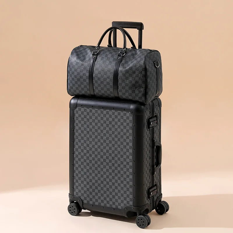 Alumínio Alloy Trolley Caso Set, Bagagem Set, Boarding Box, Silent Roda, TSA Bloqueio, Checkerboard Grade, Travel Bag, Alta Qualidade, 20"