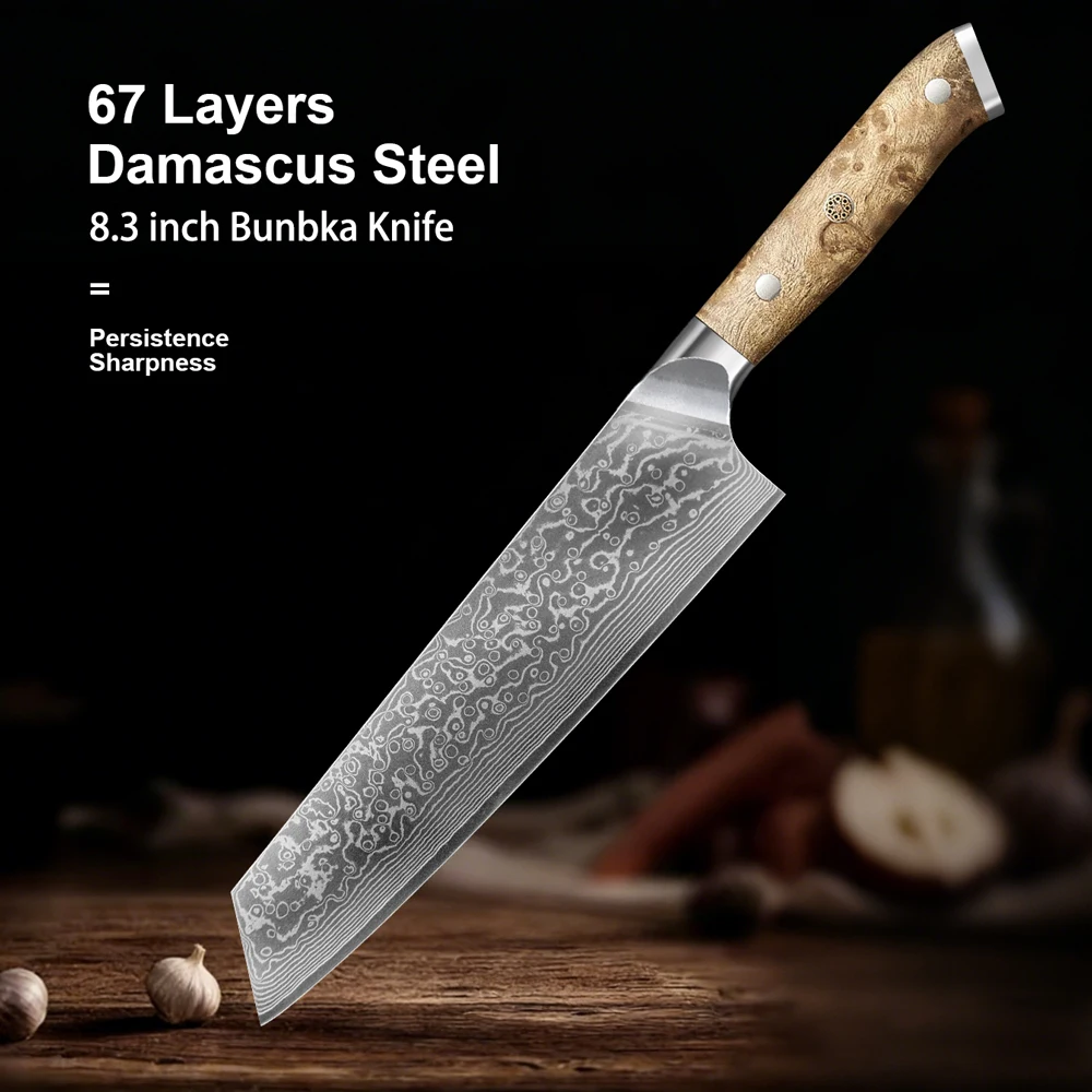 

8.5 inch Professional kitchen knife Damascus Steel kiritsuke knife Natural Burl wood Handle Meat & Vegetable Slicer Gift Box