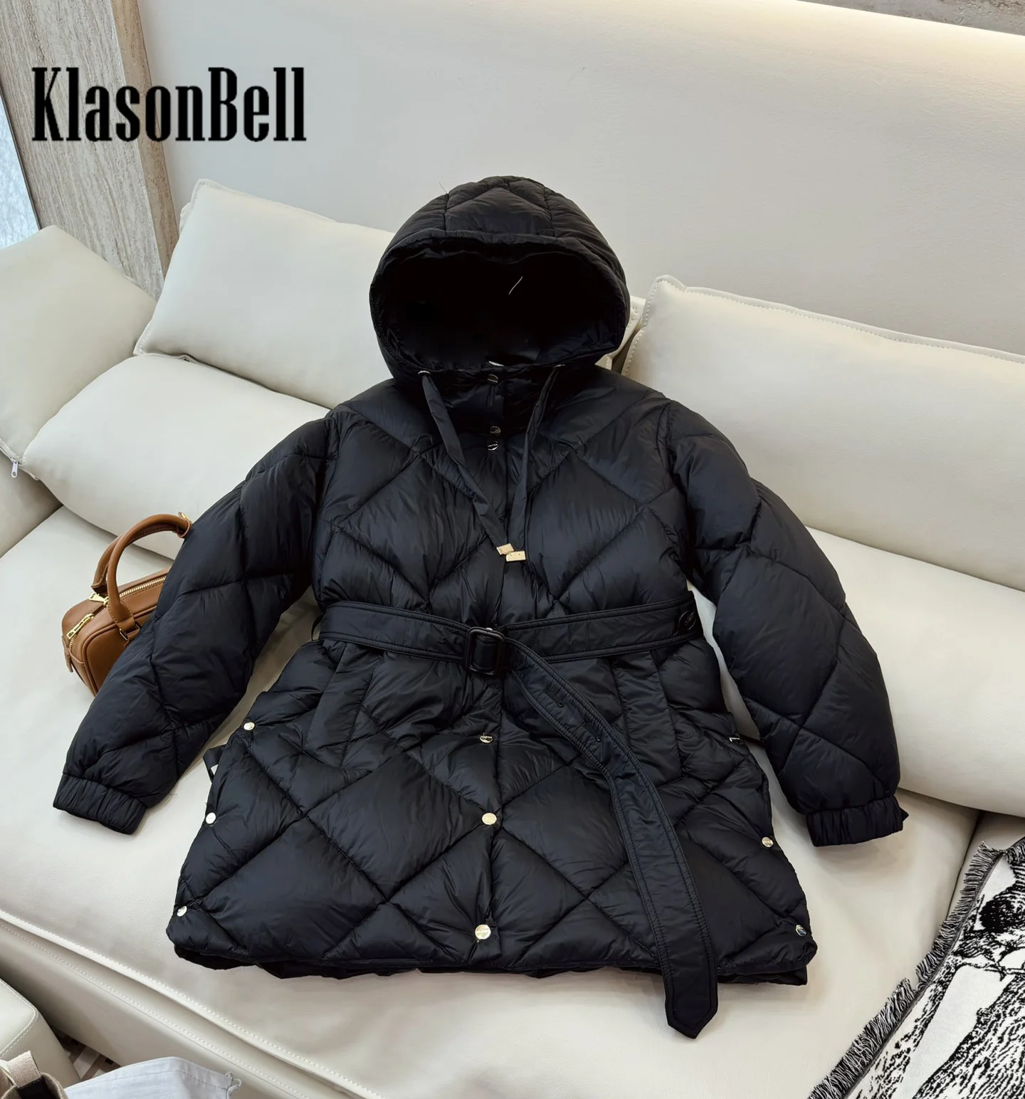 9.5 KlasonBell Women Classic Quilted Argyle Plaid Sashes Goose Down Jacket Autumn Winter Hooded Single Breasted Down Outerwear