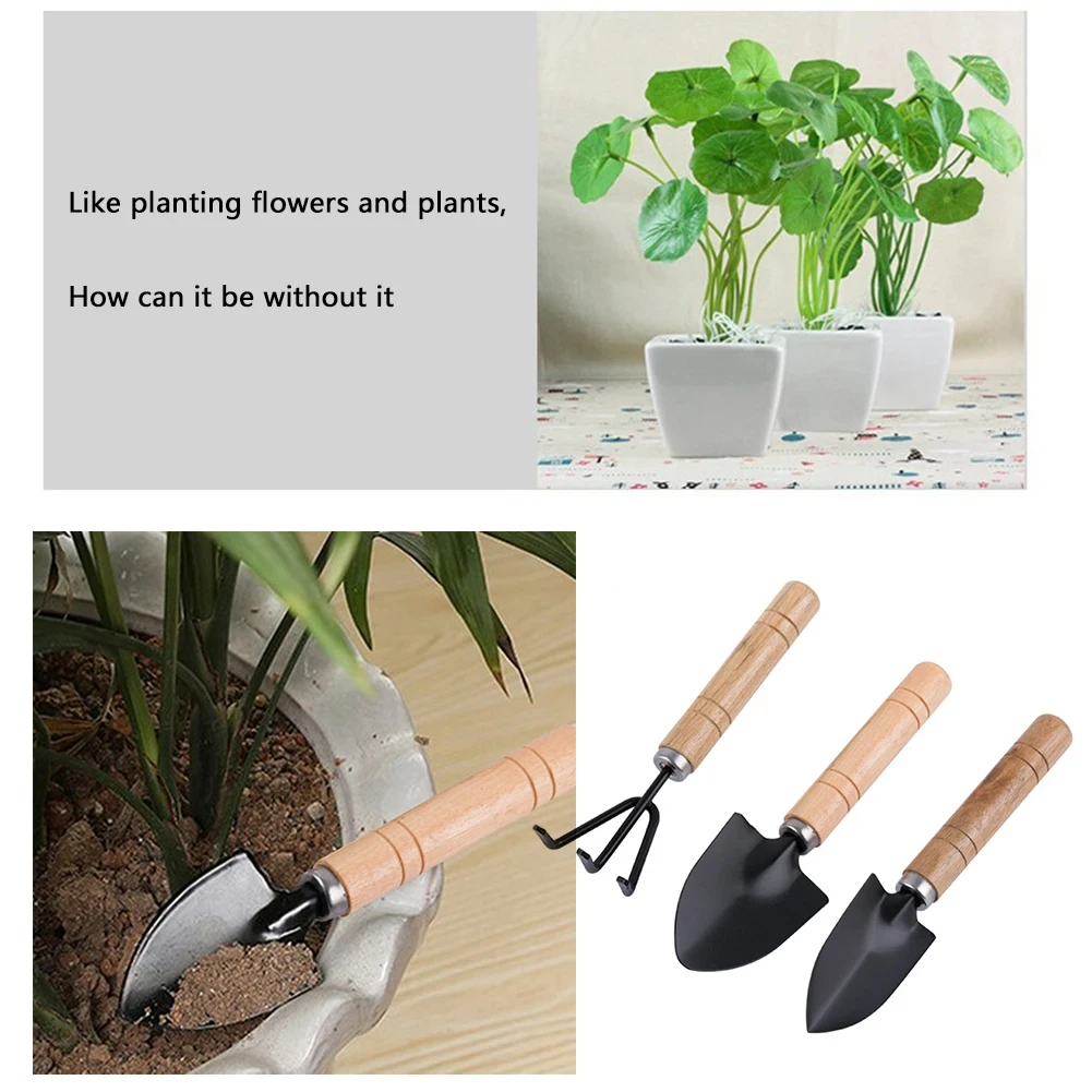 3Pcs Shovel Rake Spade Set Mini Garden Tools Multifunction Bonsai Tools Set Wooden Handle Garden Tool Sets for Indoor Gardening