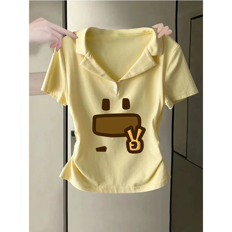 

Summer Women Clothes Casual Korean Cartoon Turn-down Collar Short Sleeve T-Shirts Femme All-match Printing Corset Tee Shirt Tops