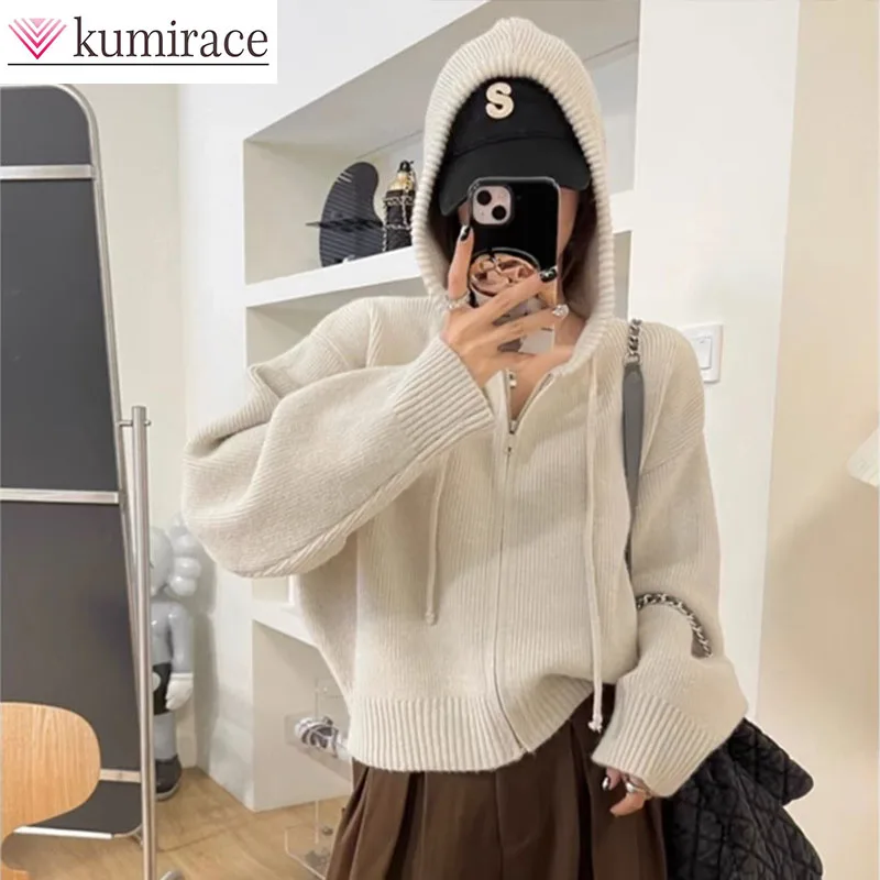 

Корейский стиль, дизайн, вязаный кардиган на молнии с капюшоном, женский весенне-осенний новый свободный повседневный короткий ленивый свитер, куртка