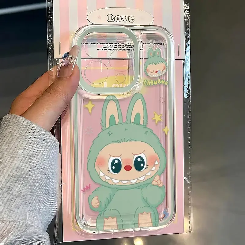 Mint Green Frame Kawaii Labubu Cartoon Lovely Phone Case For iPhone 16 15 14 13 12 11 Pro Max XR XS MAX 7 8 Plus Y2K Cute Cover