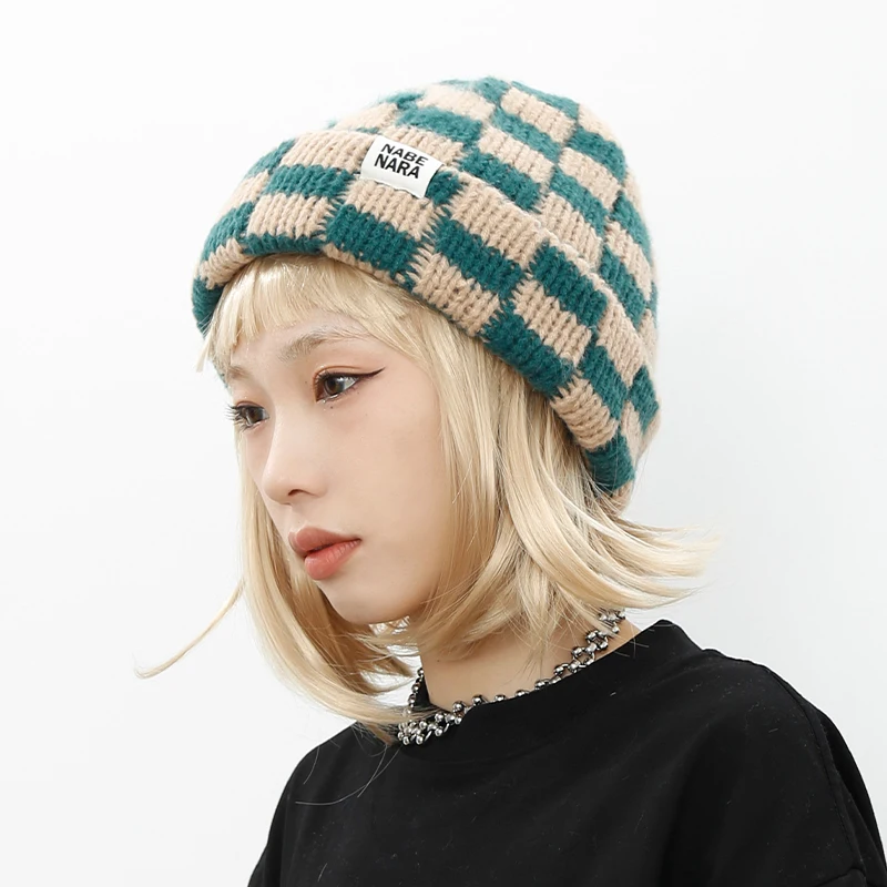 Contrasting Color Plaid Women\'s Hats Autumn and Winter Japanese Retro Street Checkerboard Thickened Warm Cover Knit Beanies Men