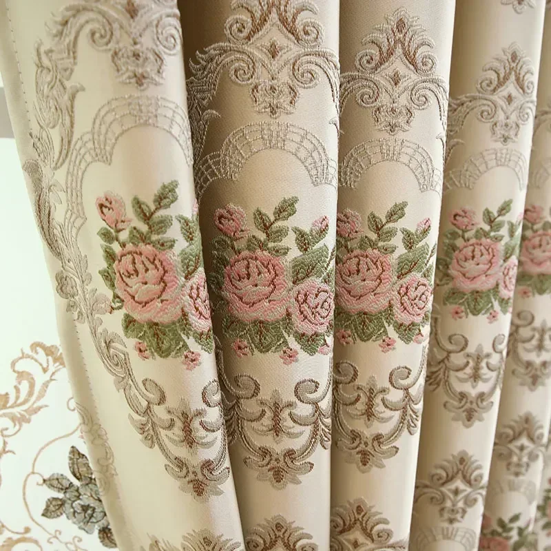 

European-style Curtains Simple European Beige Living Dining Room Bedroom Two-story Full-shading Window Curtain Finished Product