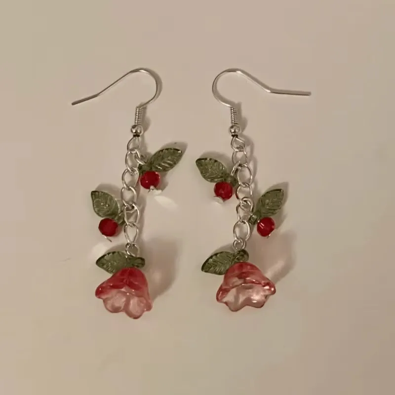 Sweet Romantic Y2K Fashion Creative Red Flower Pendant Earrings Ladies Elegant Temperament Party Girlfriend Wife Gift Daily Wear