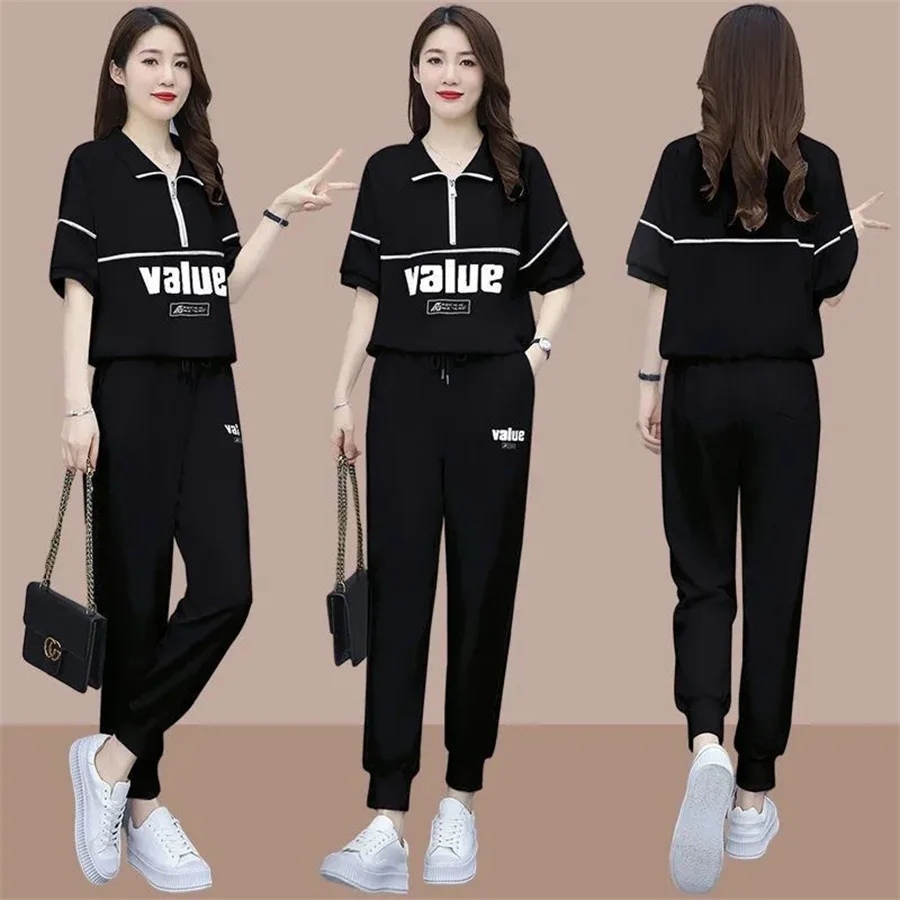 Fashion Summer Women Sets Casual Female Sportswear Suit Printed Short Sleeve Tshirts+ Pants Two-piece Set S-4XL