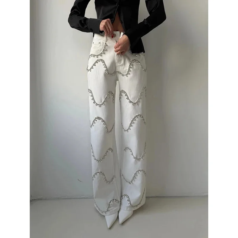 Women Rhinestone Jeans 2026 Chic Street Arc Hot Diamond Patchwork Straight Leg Denim Pants Loose Sparkling Fashion Lady Bottoms