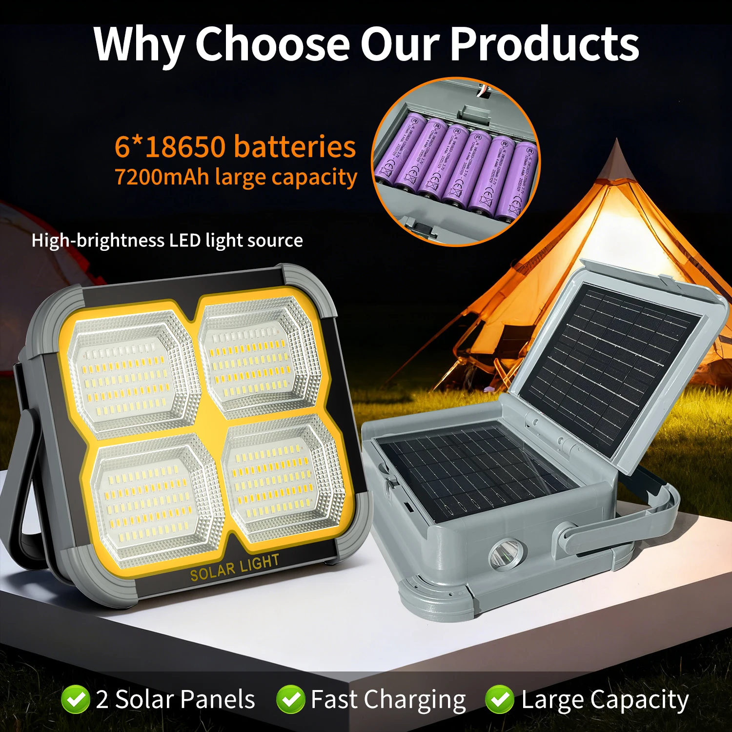 

USB перезаряжаемый портативный солнечный рабочий фонарь с 5-режимным прожектором для наружного кемпинга, аварийного домашнего освещения