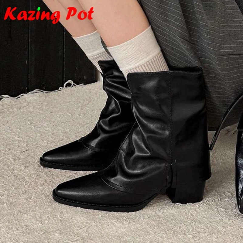 Krazing Pot New Cow Skin Pointed Toe Thick High Heels Zip Warm Winter Shoes Office Lady Vintage Big Size 42 Pleated Ankle Boots
