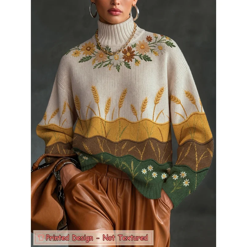 Women's High Quality Print Mountain Floral Turtleneck Sweater Long Sleeve Knit Pullover Loose Warm Autumn Winter Jumper Top