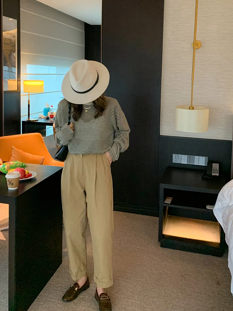 

High Waist Cotton Work Pants Women's Loose Fit Color Casual Trousers Korean Sle plus Size Khaki Color Versatile Pants