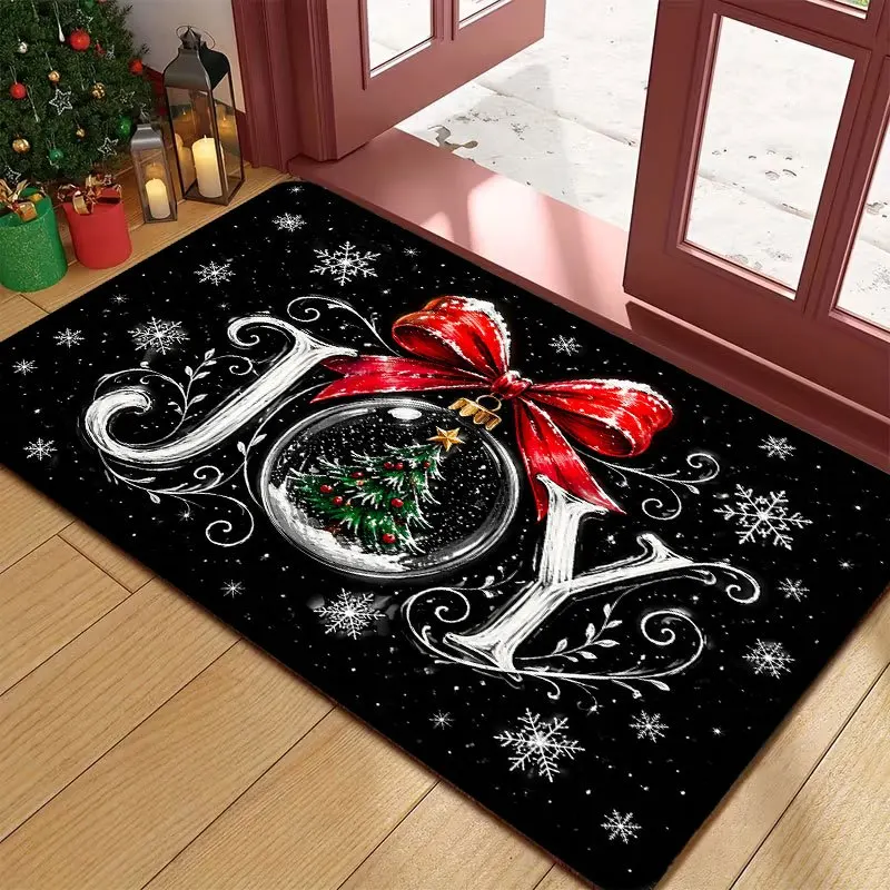 Black JOY Letter Christmas Doormat Snow Globe Red Bow Snowflake Print Entryway Floor Mat for Front Door Indoor Holiday Home