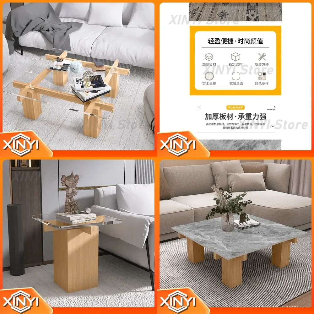 Light Luxury Small Apartment Living Room Coffee Table for Modern Simple Tatami Tea Table Square Rock Slab Glass Edge Table