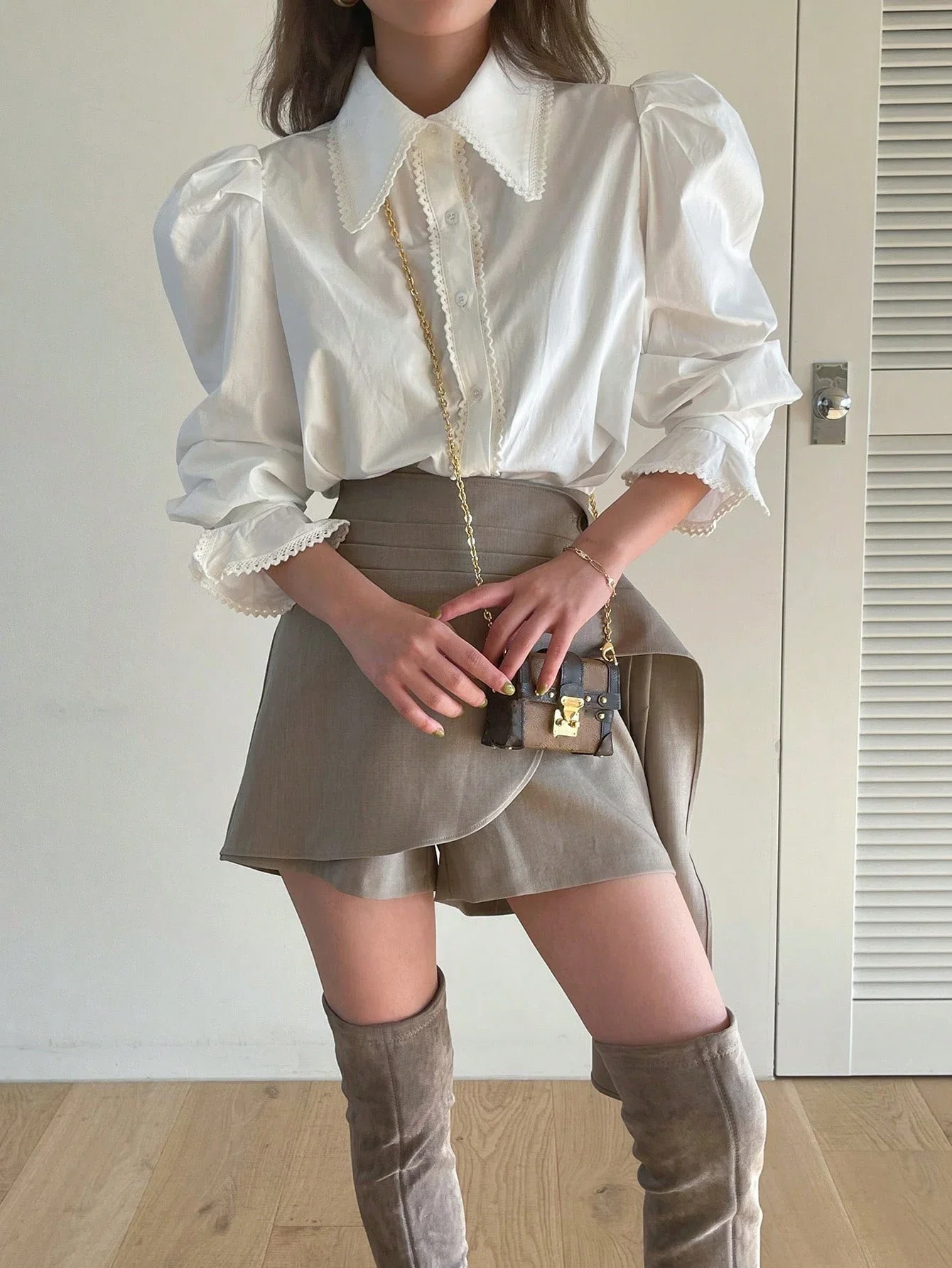 

White Puff Sleeve Button Front Blouse With Lace Trim